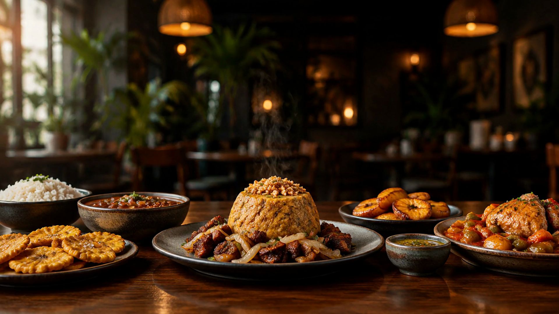 Mofongo con carne frita, arroz, habichuelas y amarillos en la mesa de un restaurante criollo