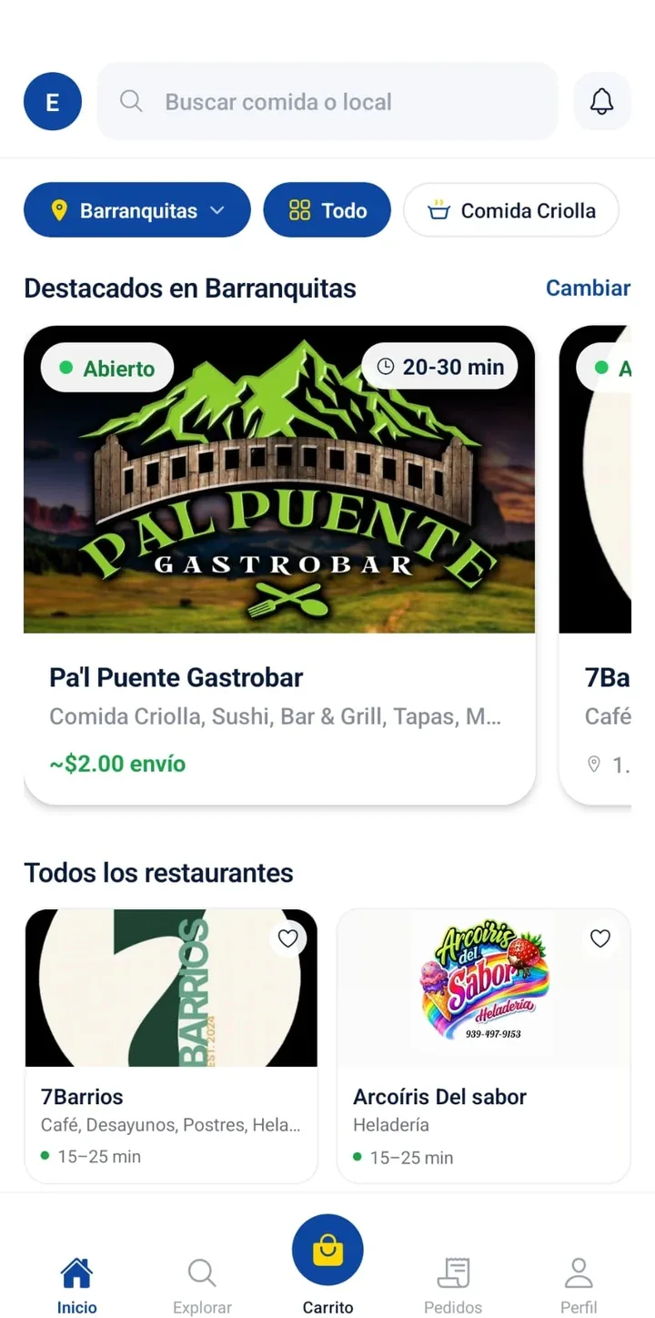 Pantalla de inicio de la app Octane Deliveries con restaurantes de Barranquitas